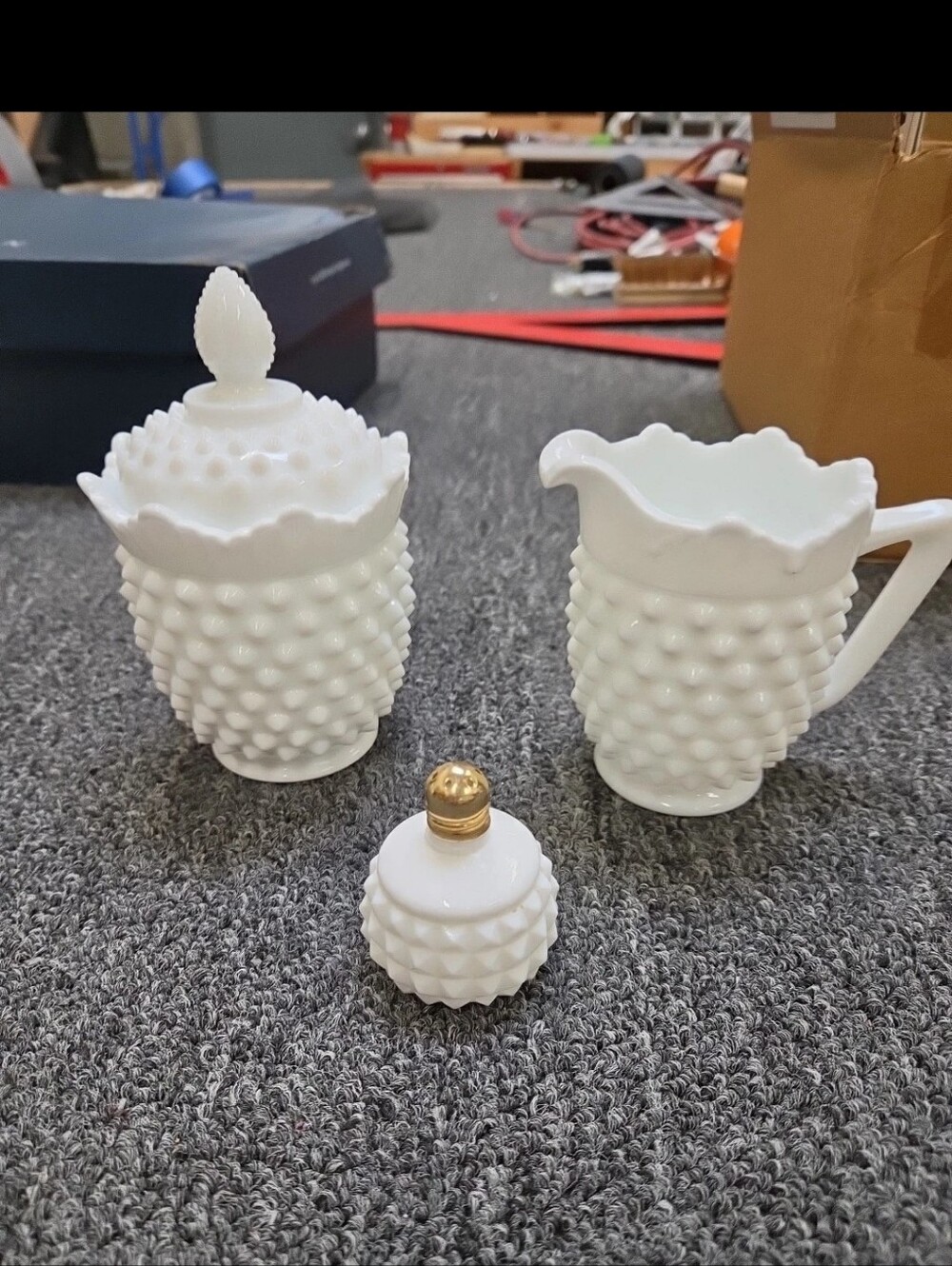 Vintage White Hobnail Milk Glass Creamer, Sugar and 1 Salt Shaker